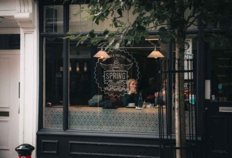 window of spring espresso cafe in York, Uk